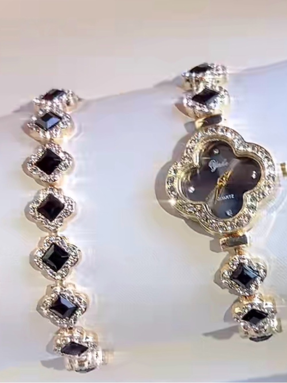 Gold-Tone Black Crystal Clover Watch Bracelet - Women Accessories